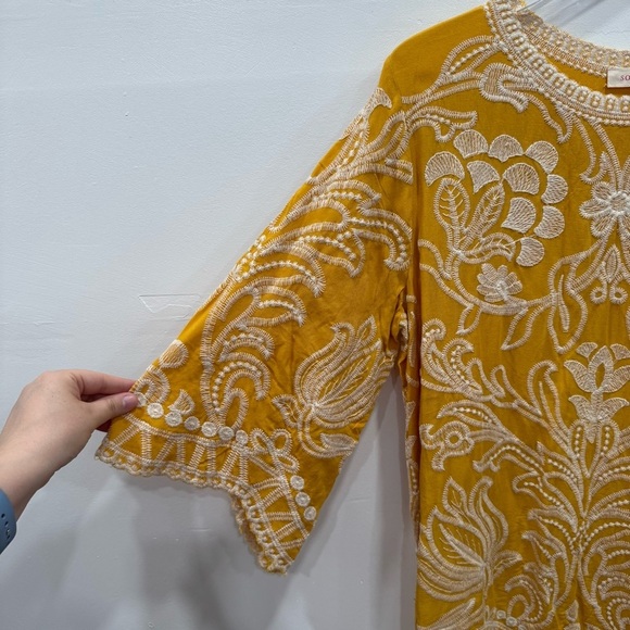 Solitaire Yellow Embroidered Blouse Top Bohemian Large - Picture 3 of 6